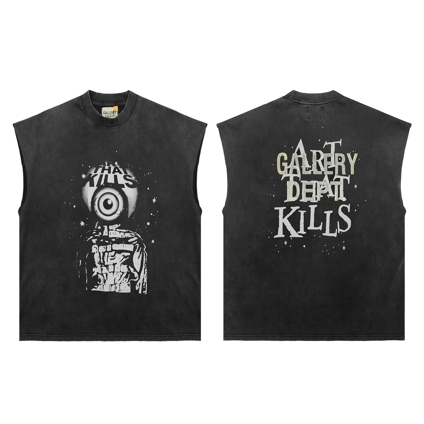 pt model number #G1005 P116 GALLERY DEPT. Distressed and frayed sleeveless waistcoat short-sleeved space portrait. Made of 280G double yarn pure cotton. The fabric is comfortable and stylish. After washing and distressing, the upper body becomes more fashionable and cool. The collar and hem are frayed. The US version is too large. Color: washed black. Size S/M/L/XL